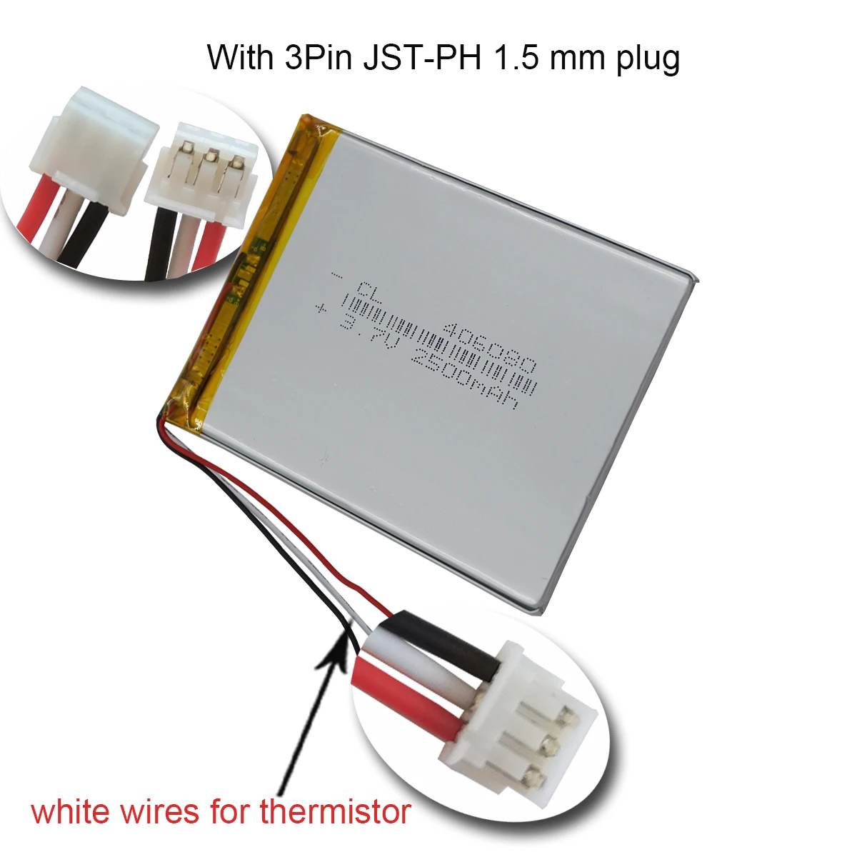 3.7V 2500mAh 9.25Wh Polymer Lipo Li Battery 3 Wires Thermistor 406080 3Pin 1.5mm JST Connector For