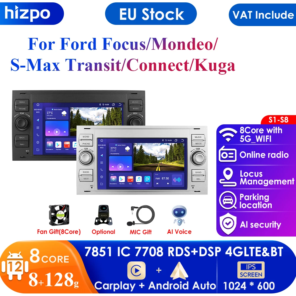 8G+128G 2din Android 12 Car Radio GPS for Ford Mondeo S-max Focus C-MAX Galaxy Fiesta Transit Fusion