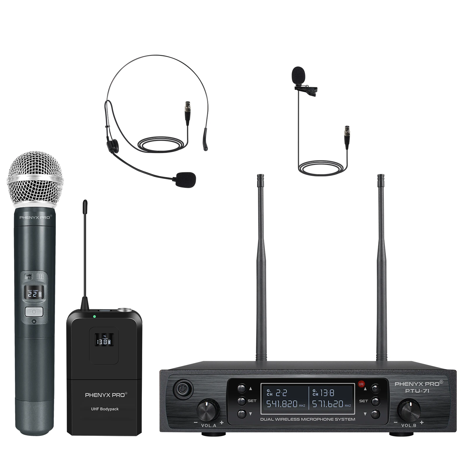 Phenyx Pro Dual Channel Cordless Wireless Microphone System with