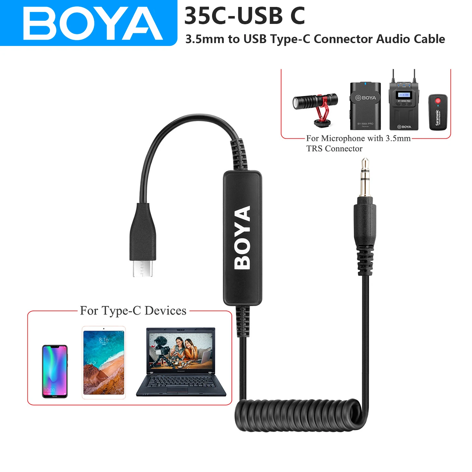 BOYA 35C-L/USB C Microphone Audio Adapter Cable 3.5mm TRS to Lightning Type-C for iPhone Mobile PC