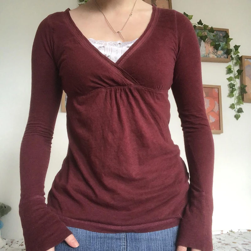 Dourbesty y2k T-Shirts Autumn Women V Neck Flared Long Sleeve Fairycore Top 2000s Aesthetic Tee