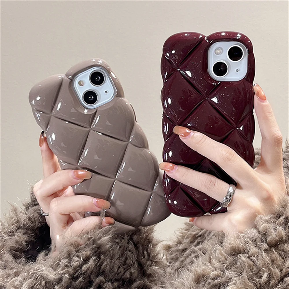 Korean Stylish Diamond Lattice Plain Phone Case For iPhone 15 14 13 12 11 Pro Max Glossy Grid