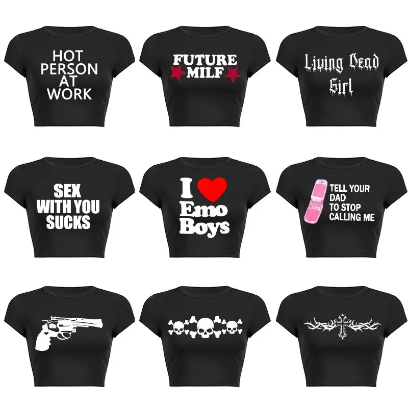 Y2K Clothes Letter Print 2000S Goth Kawaii Harajuku Fairy Grunge Short Top Women T-shirt Summer