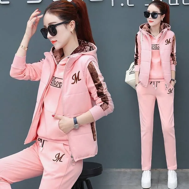 2023 Autumn Winter New Women's Casual Sweat Suit Fashion Plush Thickened Hooded Tops Waistcoat Pants
