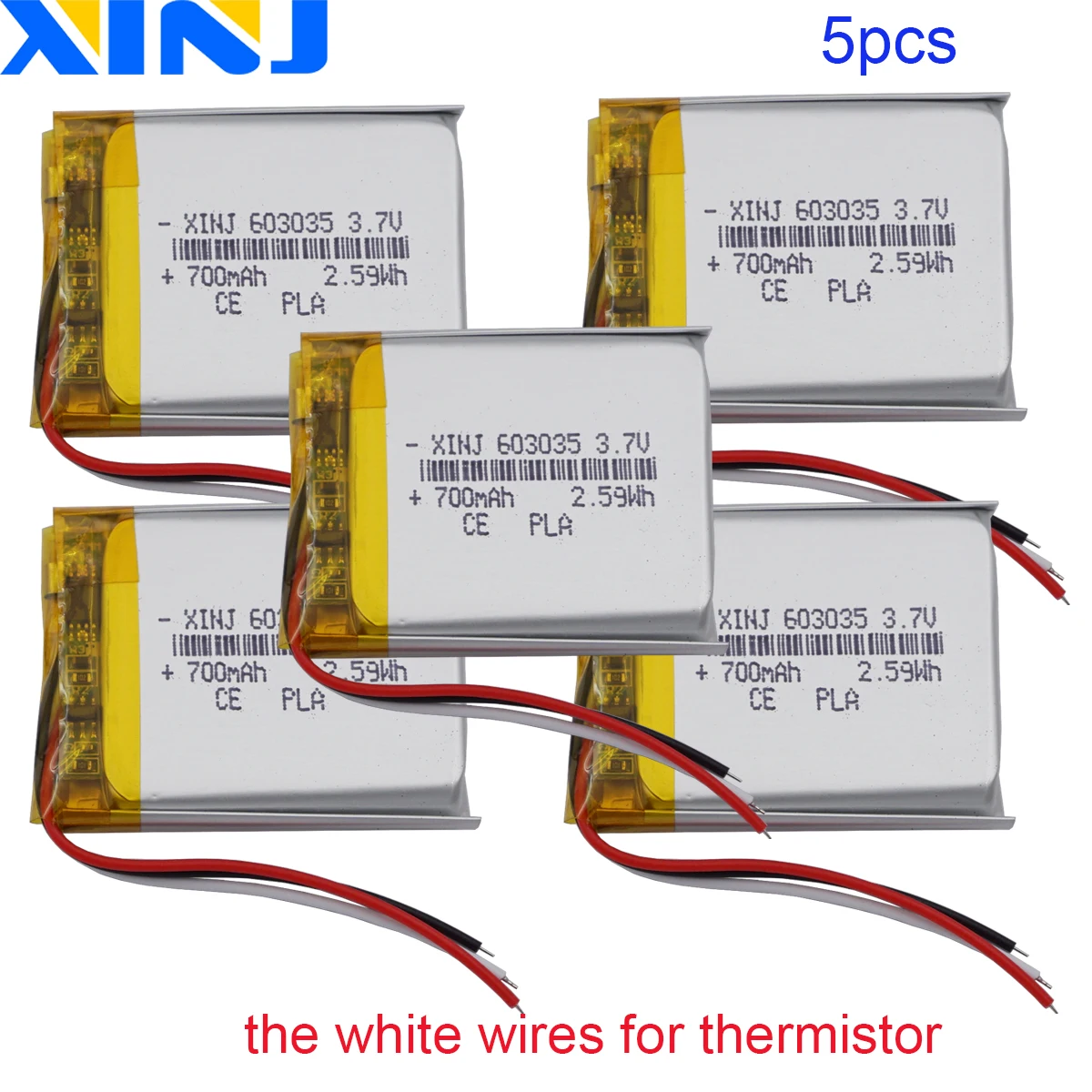 5pcs 3.7V 700 mAh 2.59Wh 3 Wire Thermistor Rechargeable Polymer Li Lithium Lipo Battery 603035 For