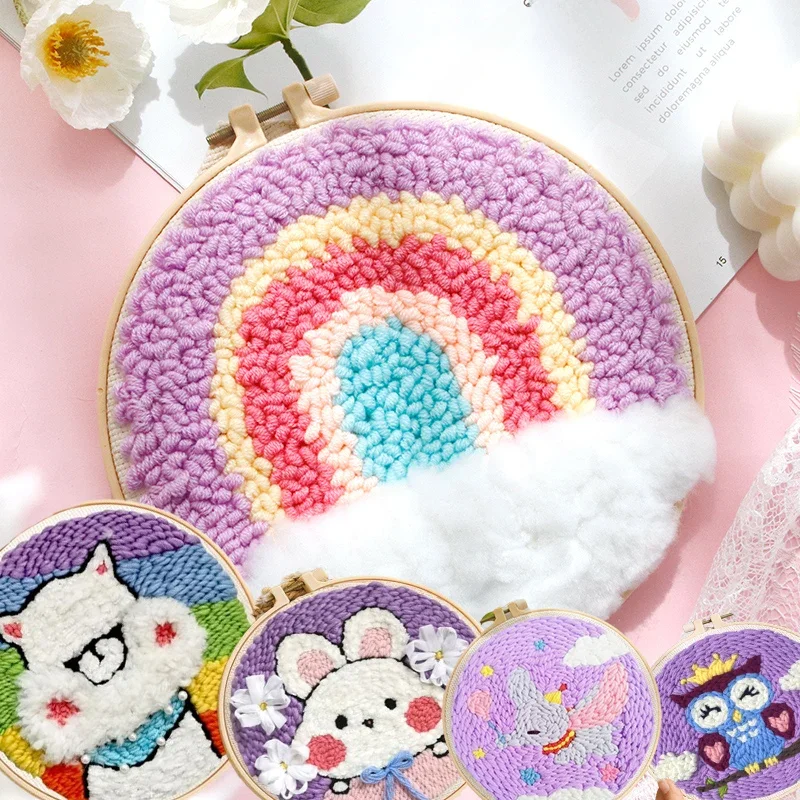 20cm Punch Embroidery Starter Kits Children's hand embroidery kit Beginners DIY Needlework Wool