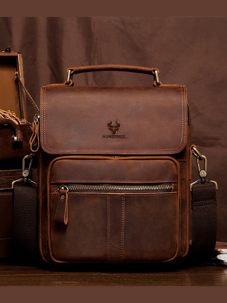 HUMERPAUL Genuine Leather Men's Shoulder Bag Luxury Work Business Messenger Bags Fashion Male