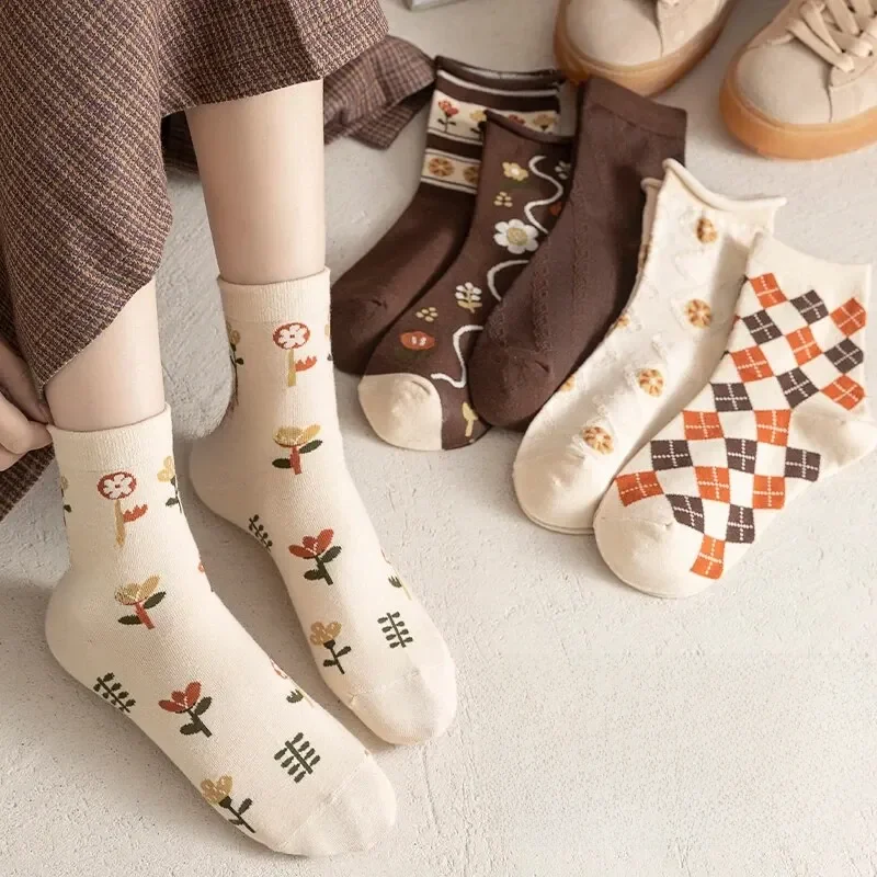 6 Pairs of Spring Summer Women Is Medium Socks Hose Khaki Vintage Flower Diamond Plaid Stripe Sweet