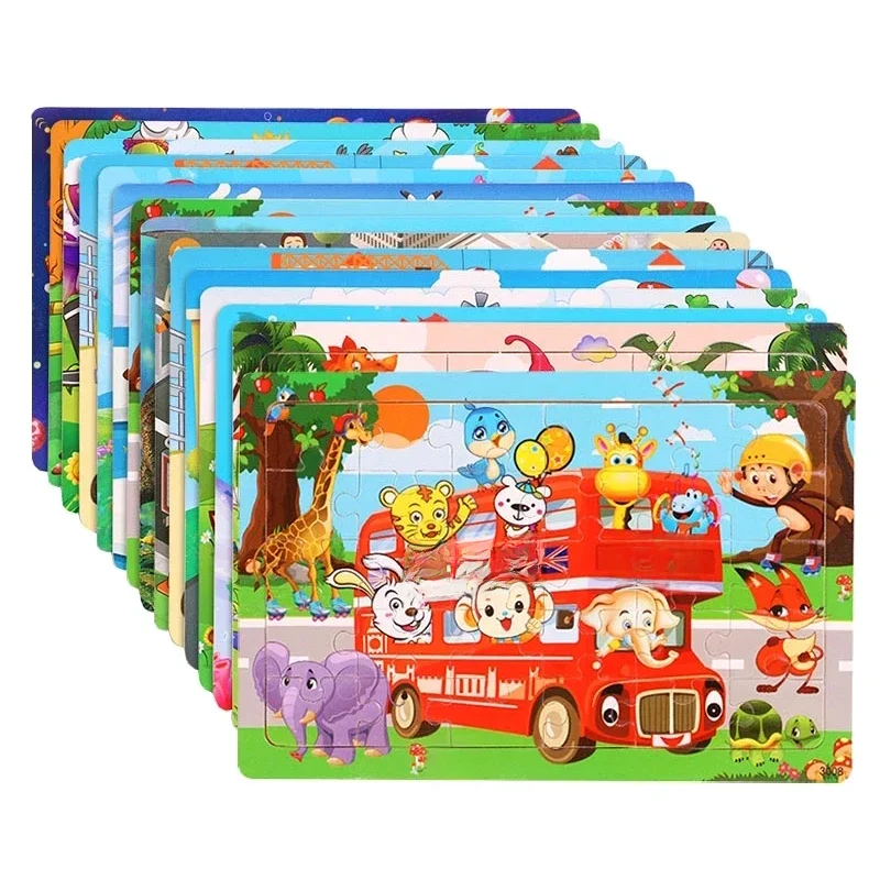 New 30 Pieces Wooden Puzzles Cartoon Animal Traffic Tangram Wood 3d Puzzle Montessori Educational