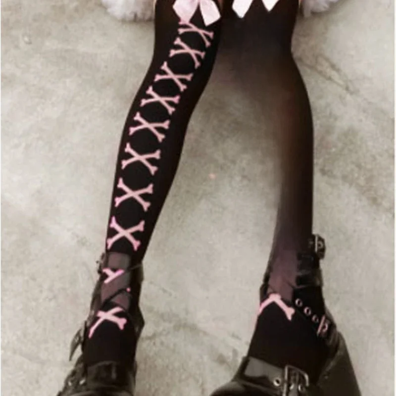 New Hot Girl Bone Bow Socks Streetwear Girls Black Sweet Cute Pink Y2K Harajuku Lolita Fishnet