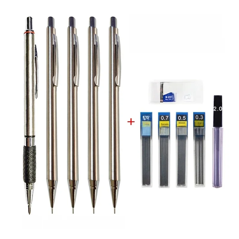0.3 0.5 0.7 0.9 2.0mm Full Metal Mechanical Pencil Set School Art Sketch Writing Stainless Steel