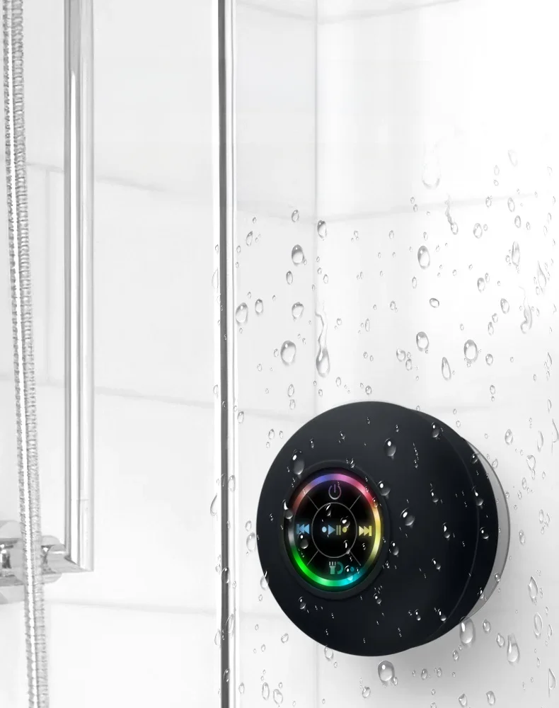 Portable Waterproof Bluetooth Shower Speaker with Suction Cup and LED Lights 3D Surround Stereo