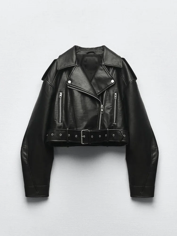 Ailegogo Spring Autumn Women Faux Pu Leather Short Jacket with Belt Motorcycle Biker Female Zipper