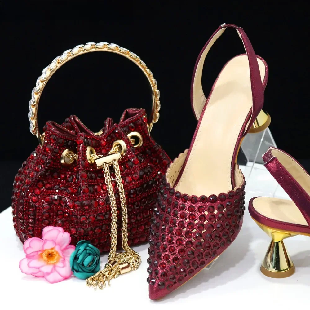 Venus Chan Pointed Toe Heels for Women 2023 Elegant Party Wine Color Full Diamond Pumps Italian