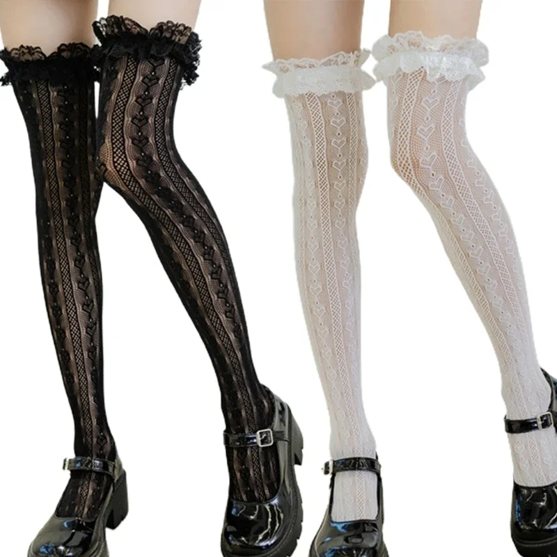Women Lolita Fishnet Thigh High Socks Japanese Style Heart Striped Lace Patterned Over Knee Long