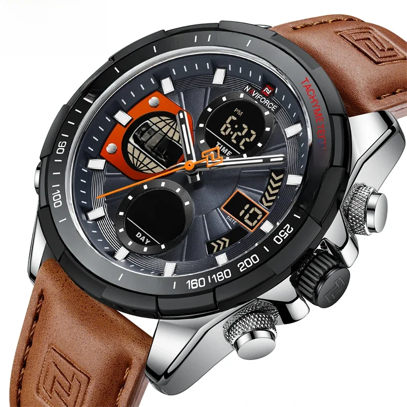 2022 NAVIFORCE Sport Watches for Men Strong Luminous Dual Display Waterproof Quartz Genuine Leather