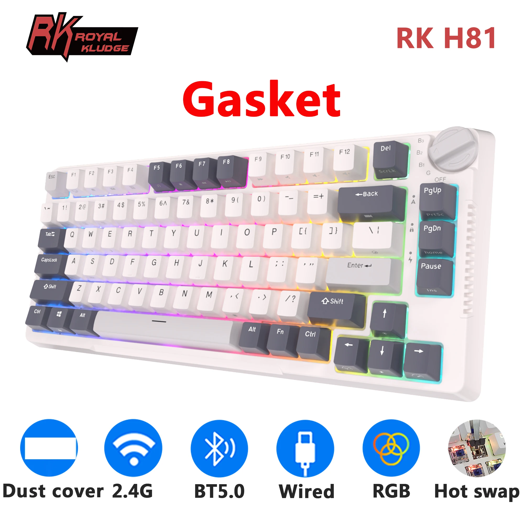 RK H81 Royal Kludge Gasket Structure Tri-mode Mechanical Keyboard 81 Key 80% RGB Backlit 2.4G