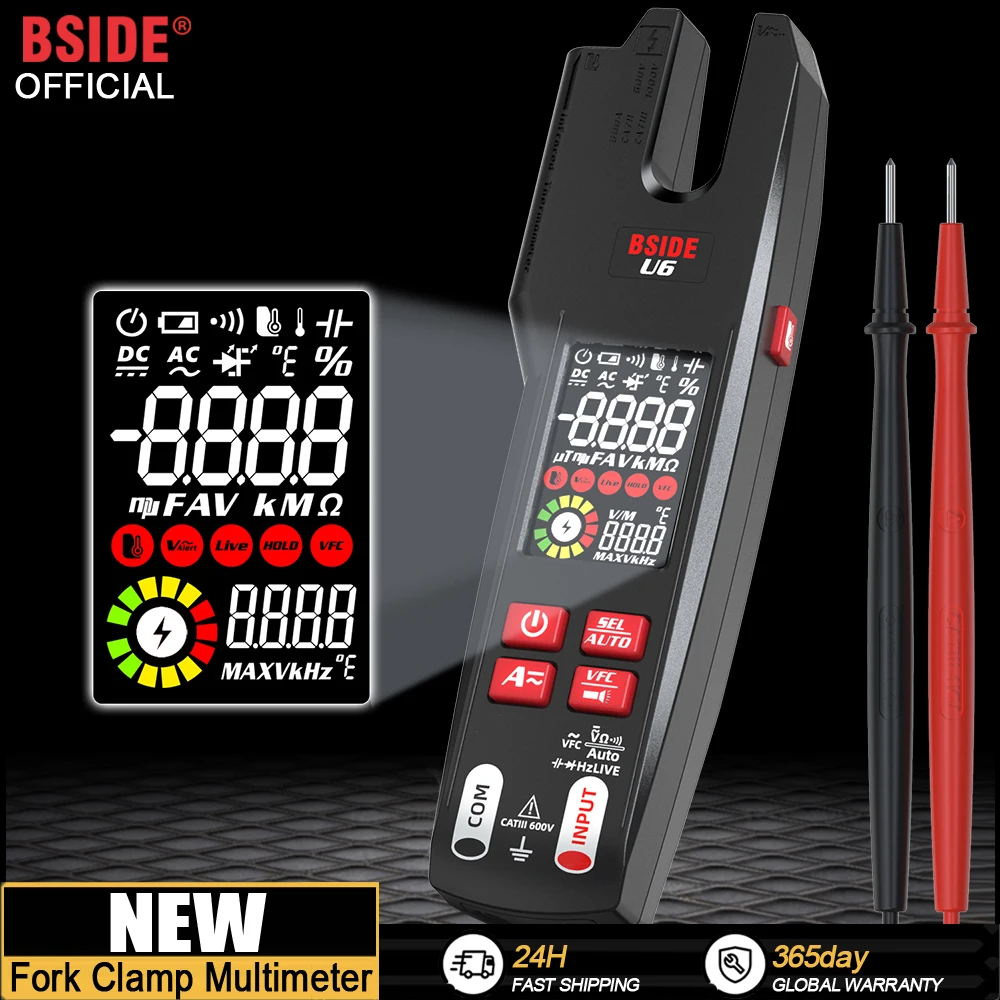 BSIDE Digital Clamp Meter Fork DC/AC 600A Professional Ammeter Pliers T-RMS Current OpenJaw