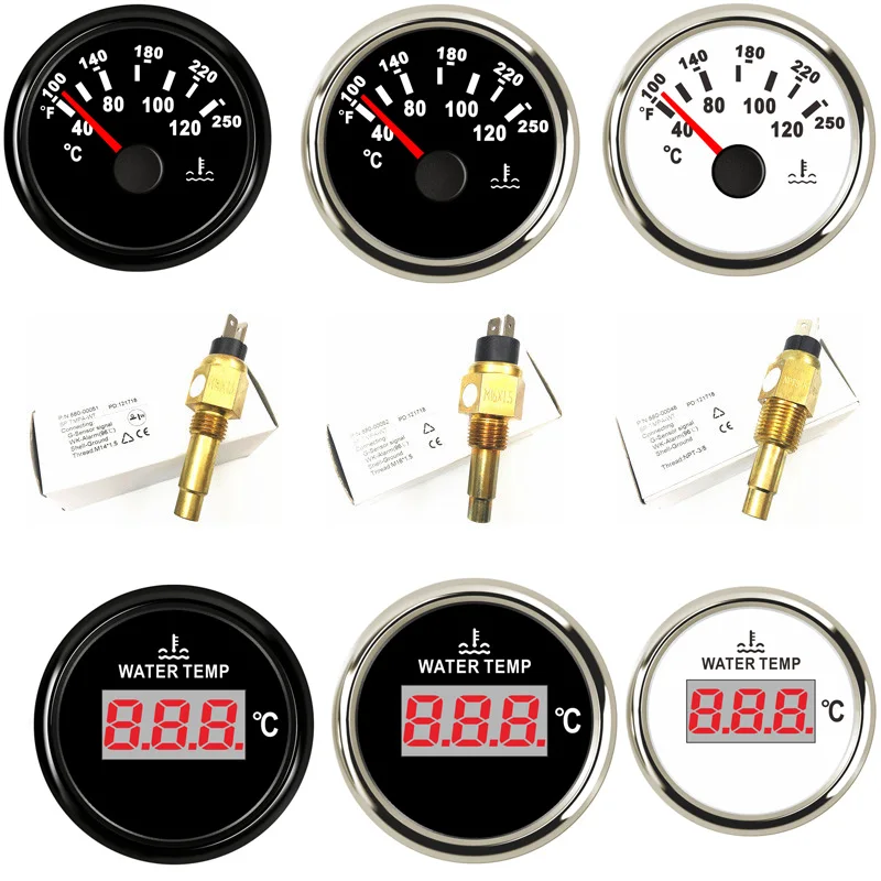 52mm Digital Water Temp Gauges 287.4-22.4ohm Water Temp Sensors M14x1.5 M16x1.5 NPT-3/8 100-250