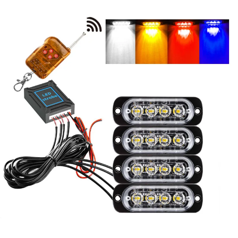 4 In 1 Car Strobe Lights 12/24V Ultra-thin 16LED Wireless Remote Control 18 Modes White Blue Red