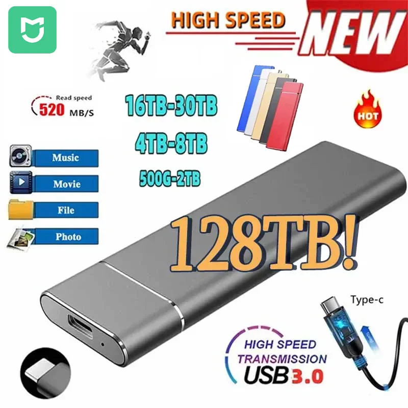 MIJIA Portable SSD 128TB 1TB 2TB High-speed Mass Storage USB 3.0 External Hard Drive Interface for