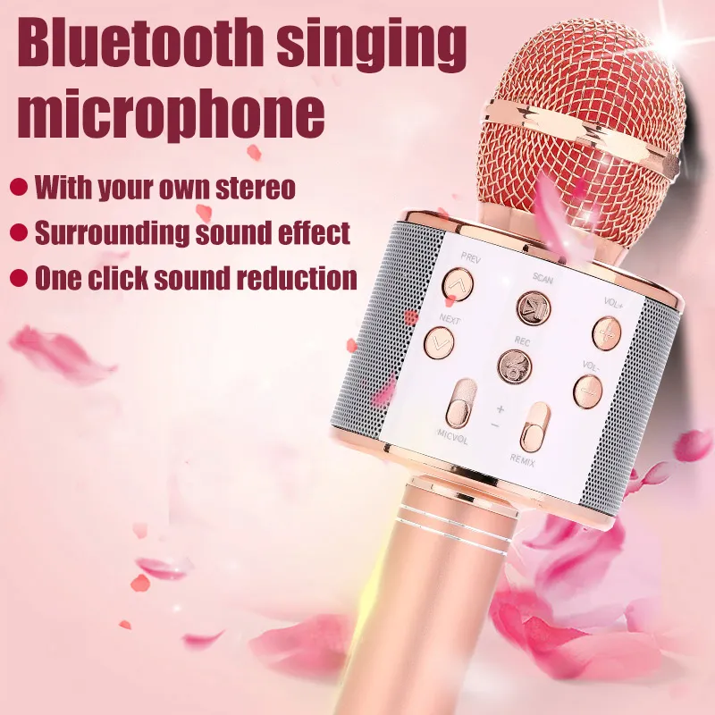 WS858 Karaoke Microphone for Kids Singing 5 in 1 Wireless Bluetooth Microphone with LED Lights