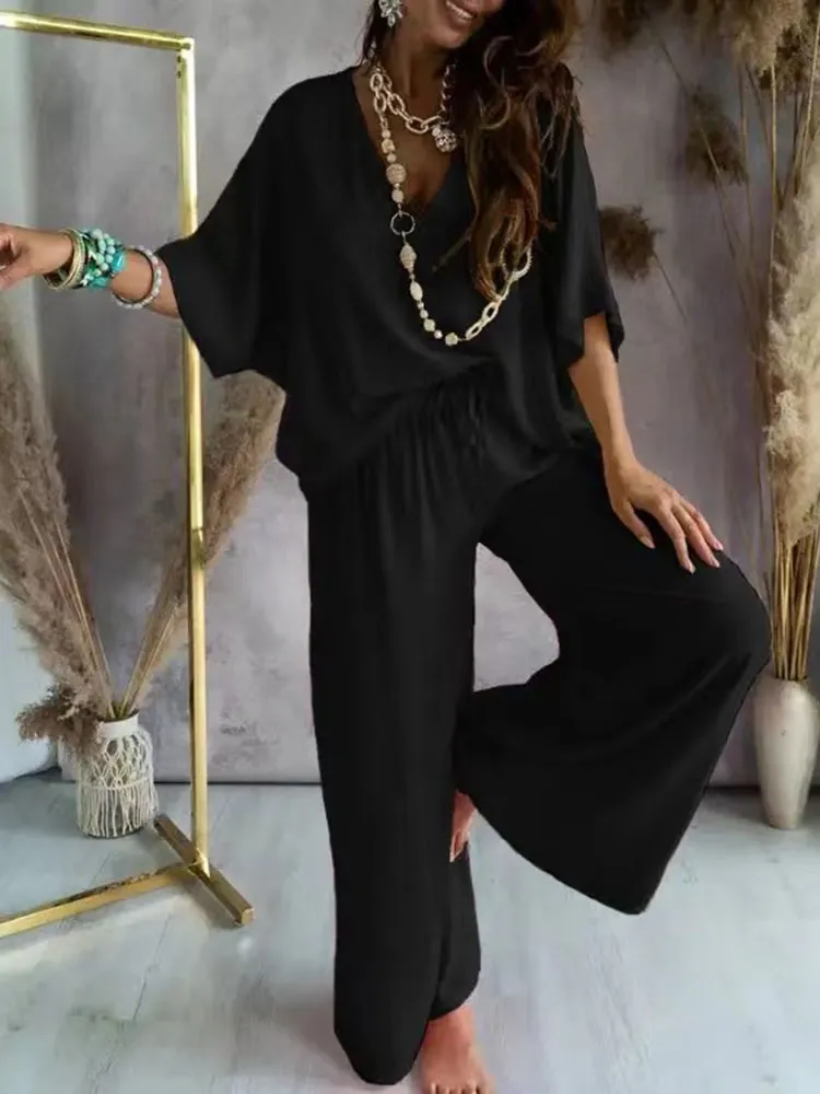 2023 Long Pant Sets Summer two piece set For Women V neck Bat Sleeve Casual Loose Wide-leg Pants 2