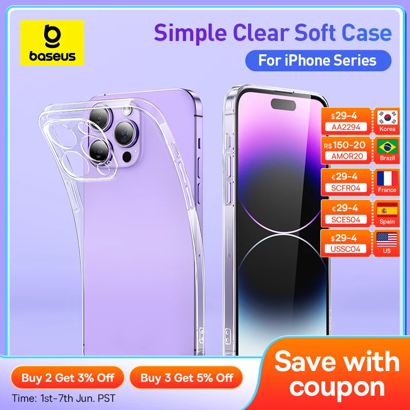 Baseus Clear Case for iPhone 15 Pro 14 13 12 11 Pro Max Plus Soft TPU Case for iPhone XS Max X XR