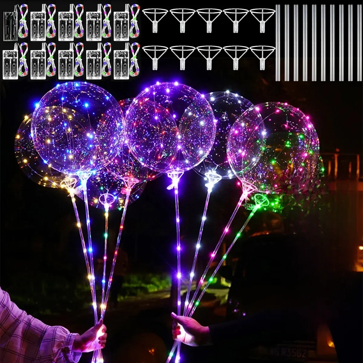 10Pcs LED Light Up Balloons Glow In The Dark Helium Clear Bubble Balloons with String Lights