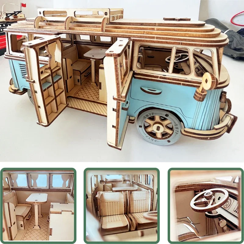 Retro Bus European-style Campervan 3D Wooden Car Puzzle DIY Sailing Ship Airplane Building House