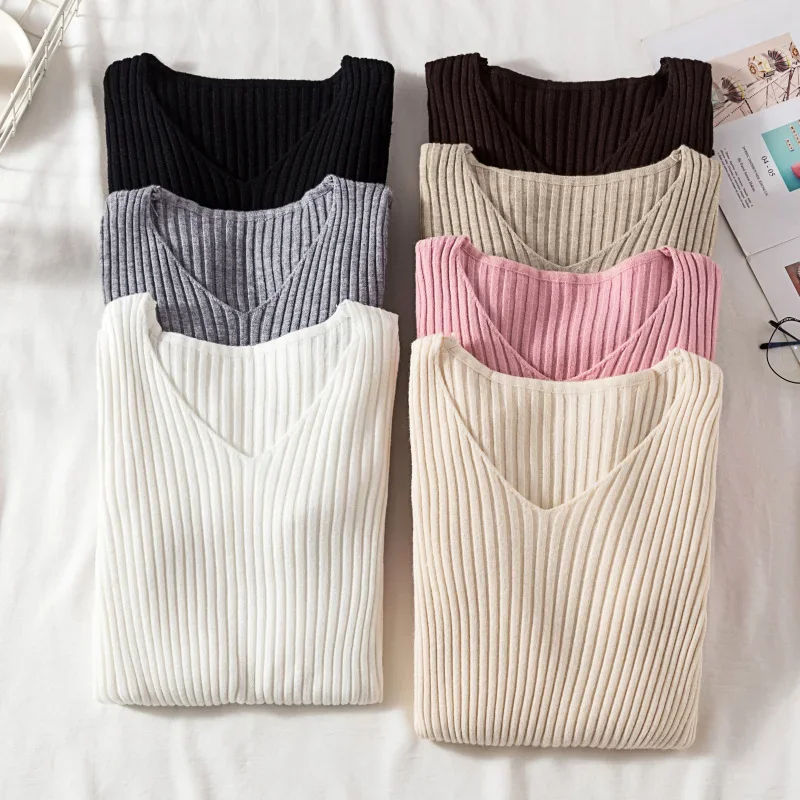 Autumn Winter Women Sweaters Casual Long Sleeve Knitted V Neck Pullover Sweater Femme Basic Solid