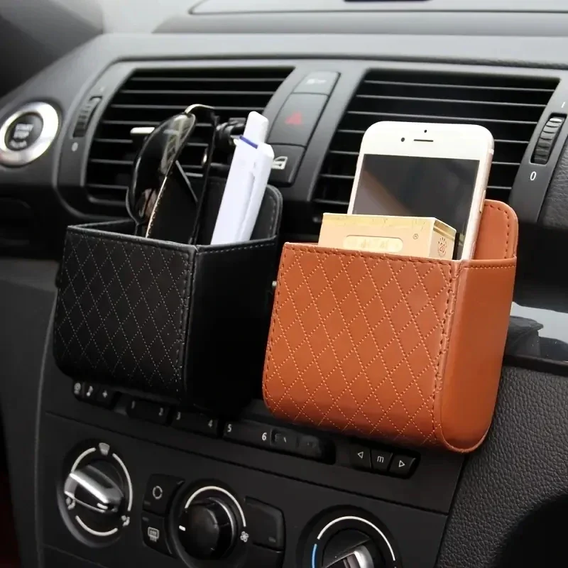 Car Phone Holder Mount Air Vent Hanging Storage Box Car Mobile Phone Bag PU Leather Glasses