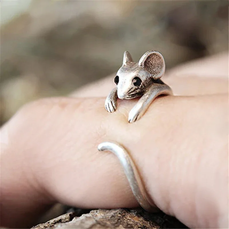 Huitan Cute Mouse Shape Open Ring for Women Antique Silver Color Modern Fashion Girls Finger