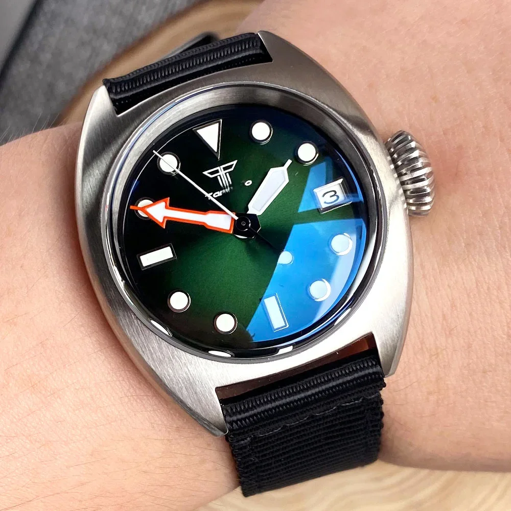 36mm Military Diver Mechanical Watch Men NH35 AR Domed Sapphire Sunburst Green/Red/Blue Big Crown