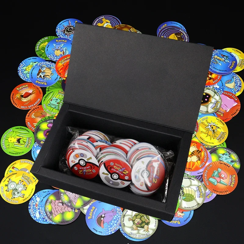 1Box 3D Round Pokemon Tazos 1/ 2 Generation Strokes Album Trainer Pikachu Eevee Anime Collection