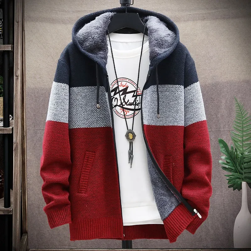 Men's Knit Sweater Fleece Coat Striped Jackets Fashion Hoodies Winter Autumn Thick Warm Windbreaker