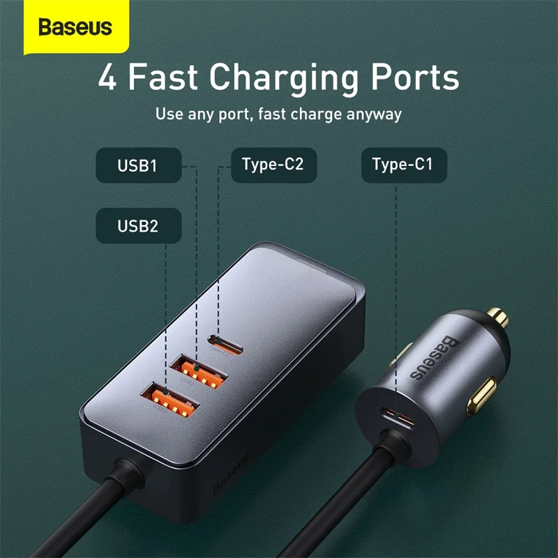Baseus Share Together PPS multi-port Fast charging car charger with extension cord 120W