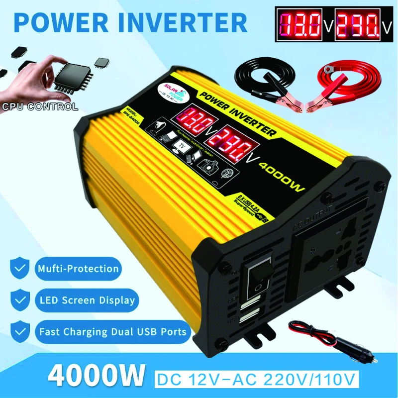 4000W 6000W Car Inverter Solar Inverter Portable 12V To 110V/220V  Converter LED Display Screen Car