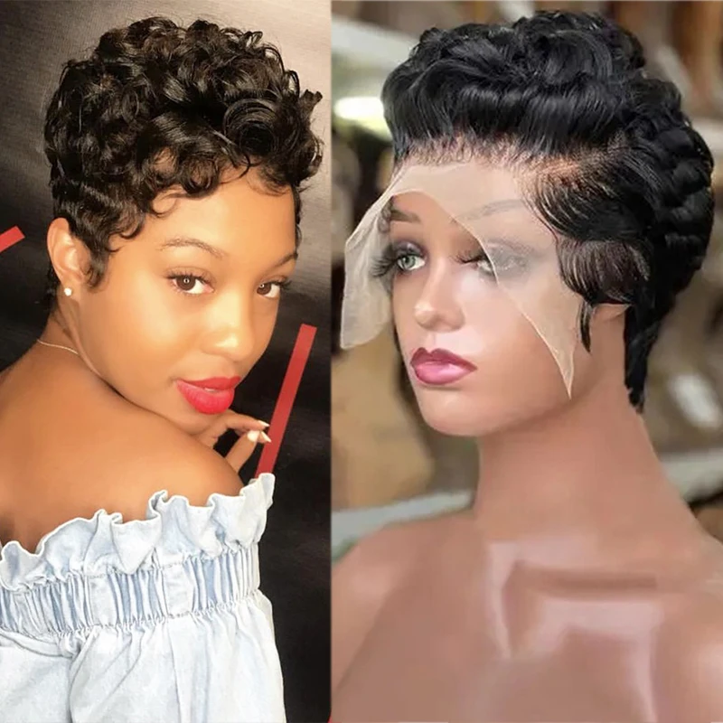 Pixie Curly 100% Human Hair Wig 13x4 Short Bob Wig Pixie Cut #350 Colored 99J  Lace Frontal Human
