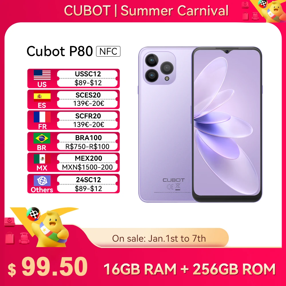 Cubot 2023 New Global Version Smartphone P80  Android 13 Phone  8GB RAM  256GB/512GB ROM  NFC