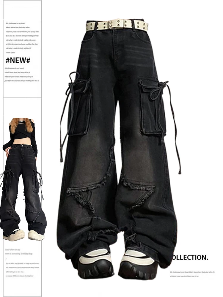 Women's Black Gothic Baggy Cargo Jeans with Star Harajuku Y2k 90s Aesthetic Denim Trousers Emo 2000s