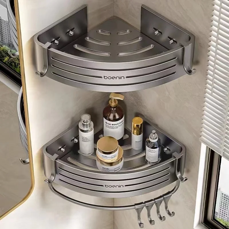 Wall Mounted Bathroom Shelves Shower Corner Shelf with Towel Bar Hook Space Aluminum Shampoo Holder