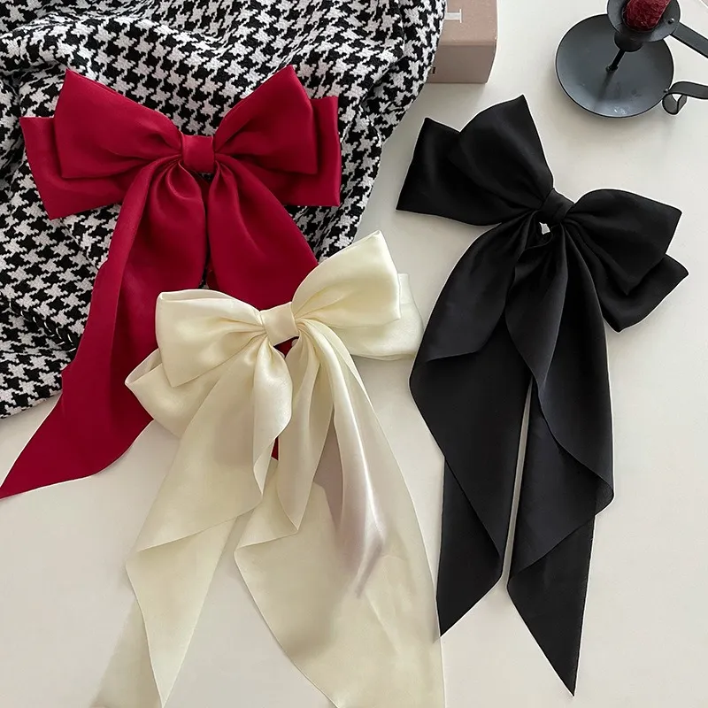 11 Solid Color Satin Ribbon Big Bows Hairpin Spring Clips Hair Accessories for Women Girls Trendy