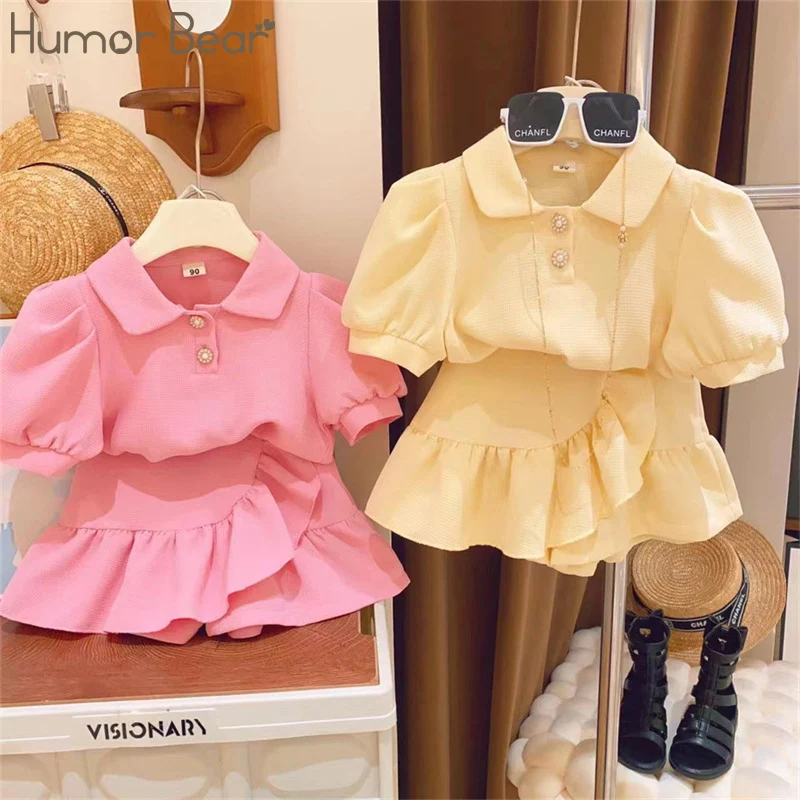 Humor Bear 2023 Summer Puff Sleeved Short Sleeved Shirt+Short Skirt 2Pcs Kid Clothes Children Girl