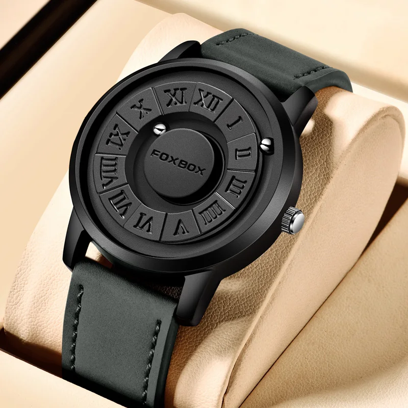 FOXBOX Mens Watches Creative Scrolling Pointer Magnetic Force Quartz Wristwatch Genuine Leather