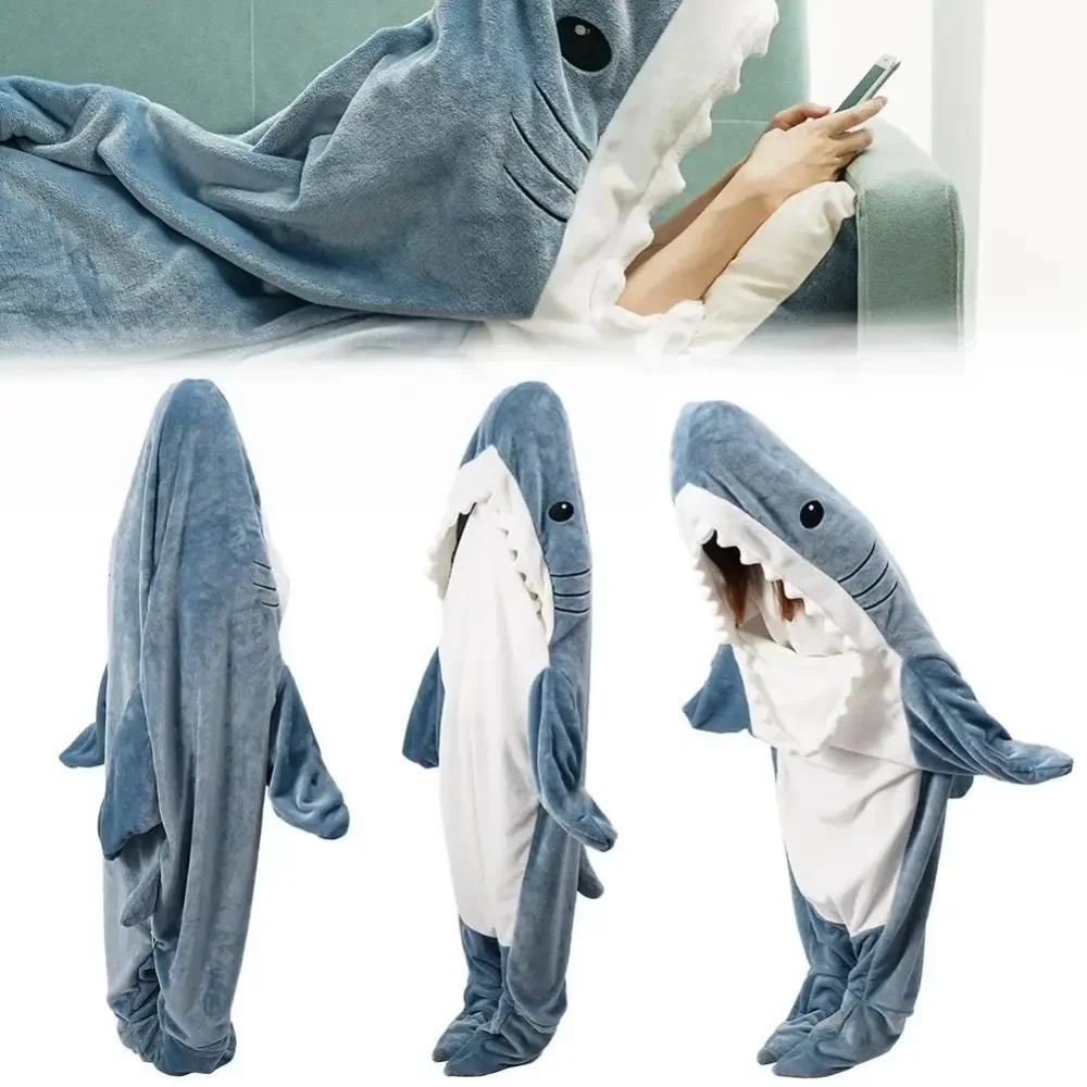 Shark Blanket Adult Cartoon Sleeping Bag Pajama Hooded Warm Flannel Funny Homewear Shark Onesie