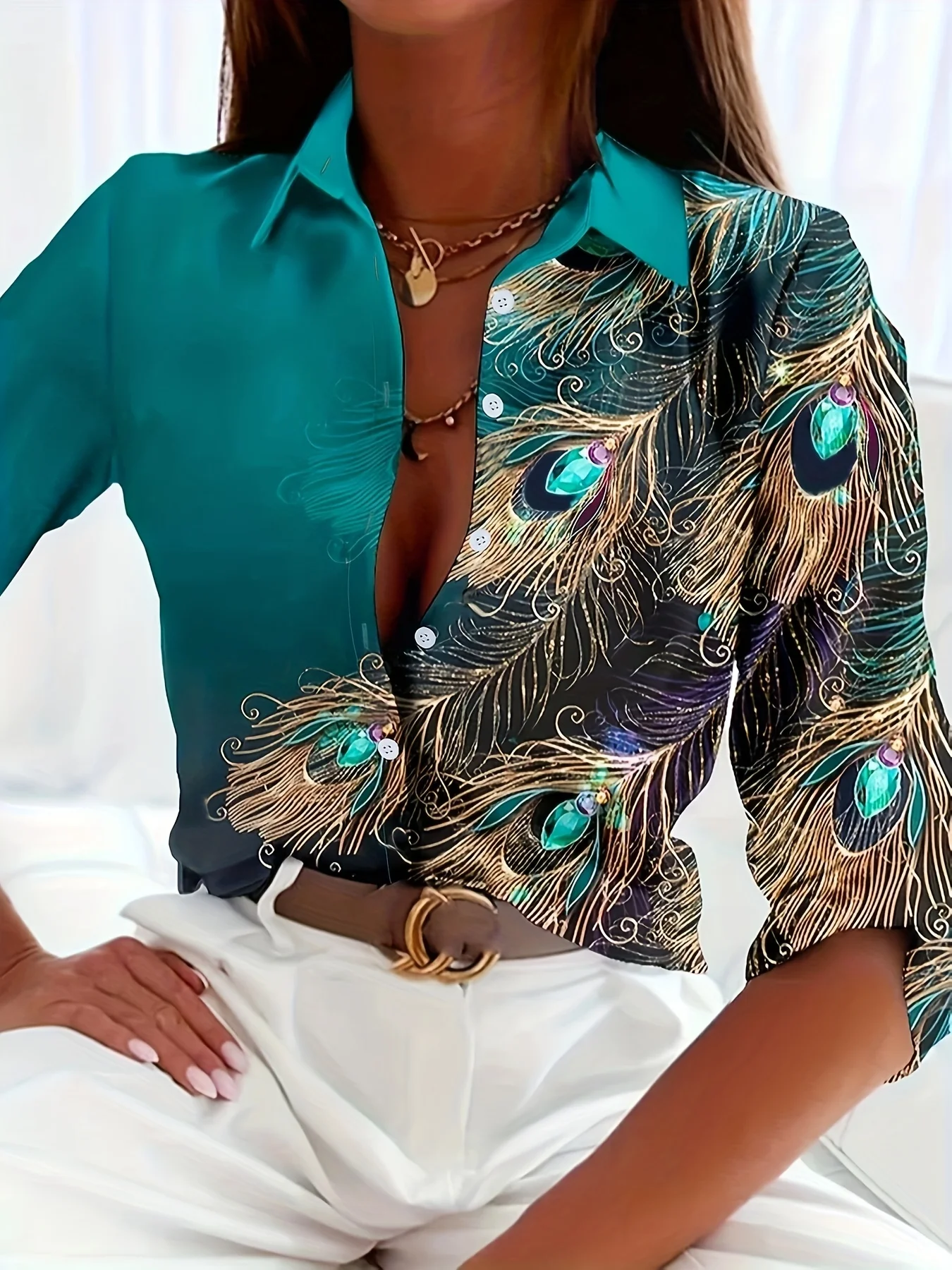 Peacock Print Casual Loose Women's Shirt 2023 Autumn Vintage Women's Oversized Shirts and Blouses