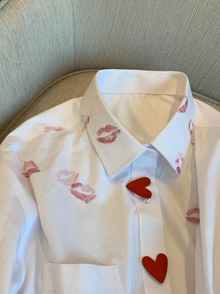 French Style Turn Down Collar Blouse Spring Print Heart Button White Long Sleeve Blusas Harajuku