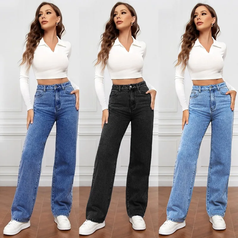 Women Jeans Straight Pants Denim Washing High Waist Loose Fit Pockets Basics Ankle Length Pants