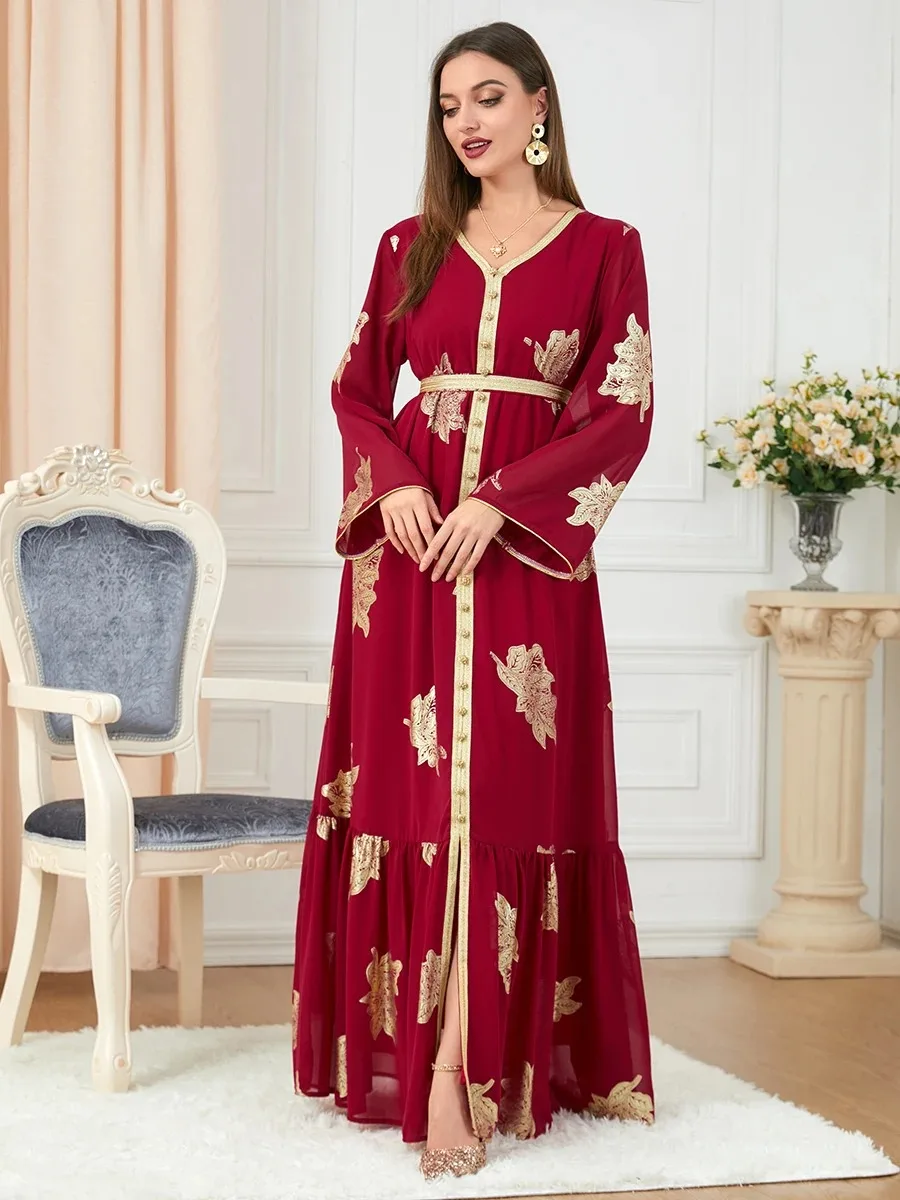 Party Dresses Muslim Abaya Women Dubai 2024 Iron Long Sleeve V-Neck Button Maxi Long Dress Tape